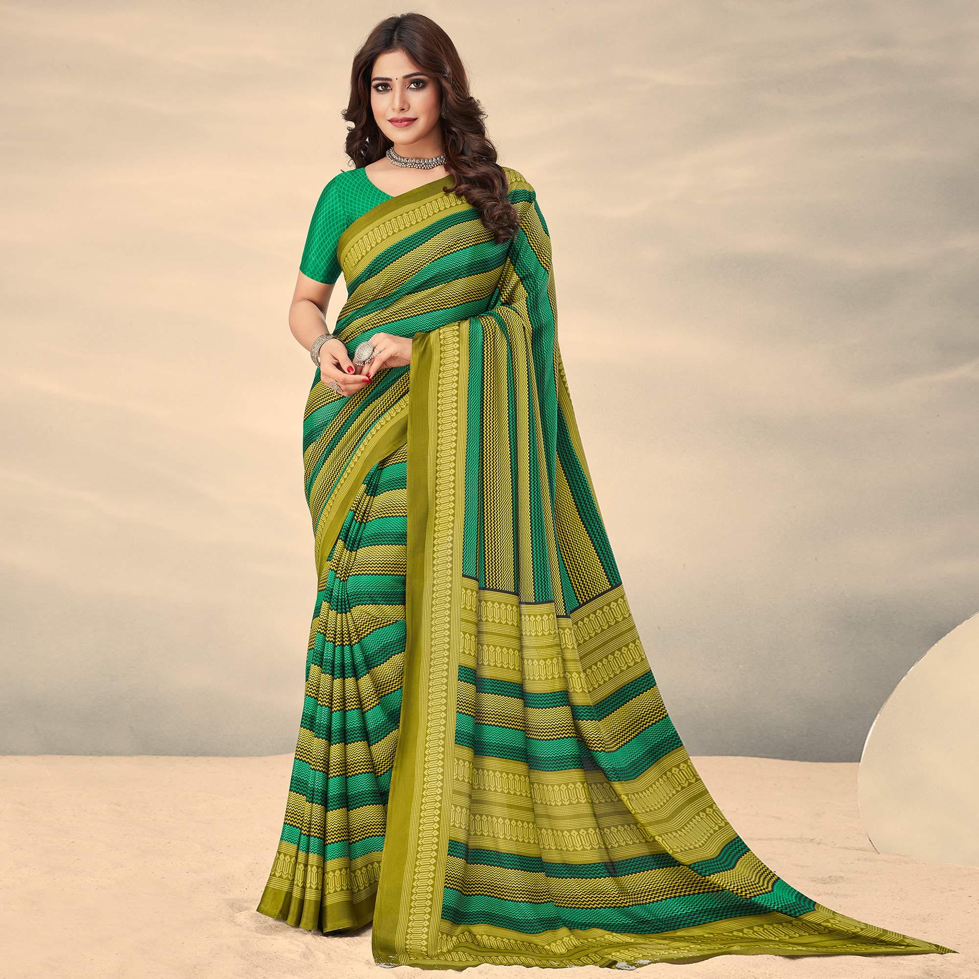 Green Printed Crepe Saree - Peachmode