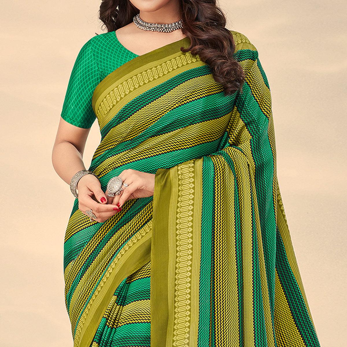 Green Printed Crepe Saree - Peachmode