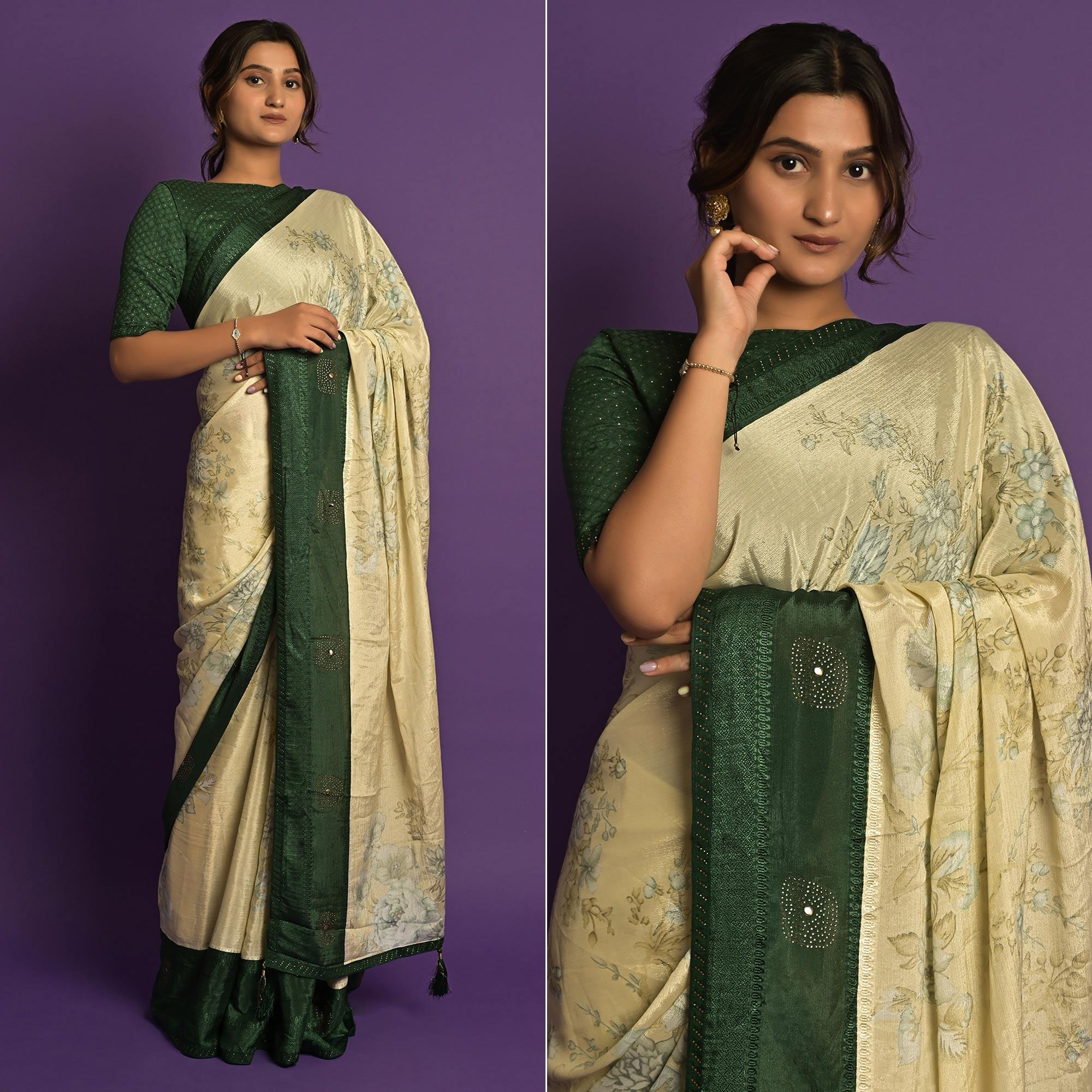 Green Printed-Embellished Chiffon Saree - Peachmode