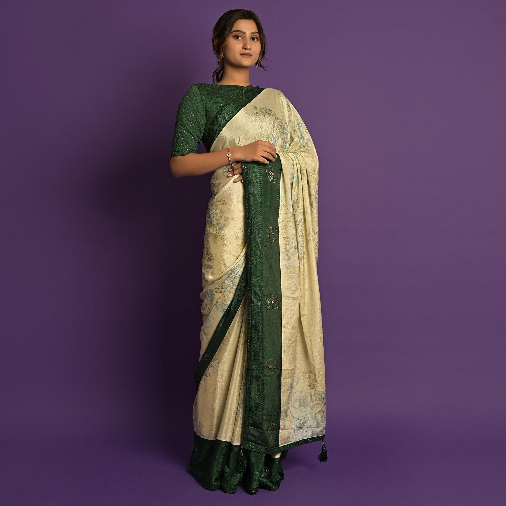 Green Printed-Embellished Chiffon Saree - Peachmode