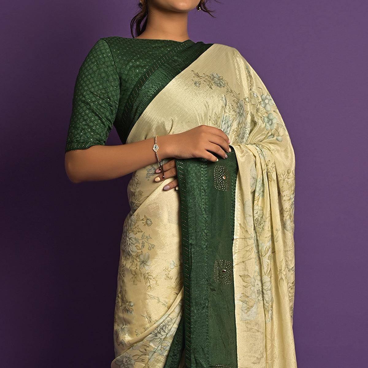 Green Printed-Embellished Chiffon Saree - Peachmode
