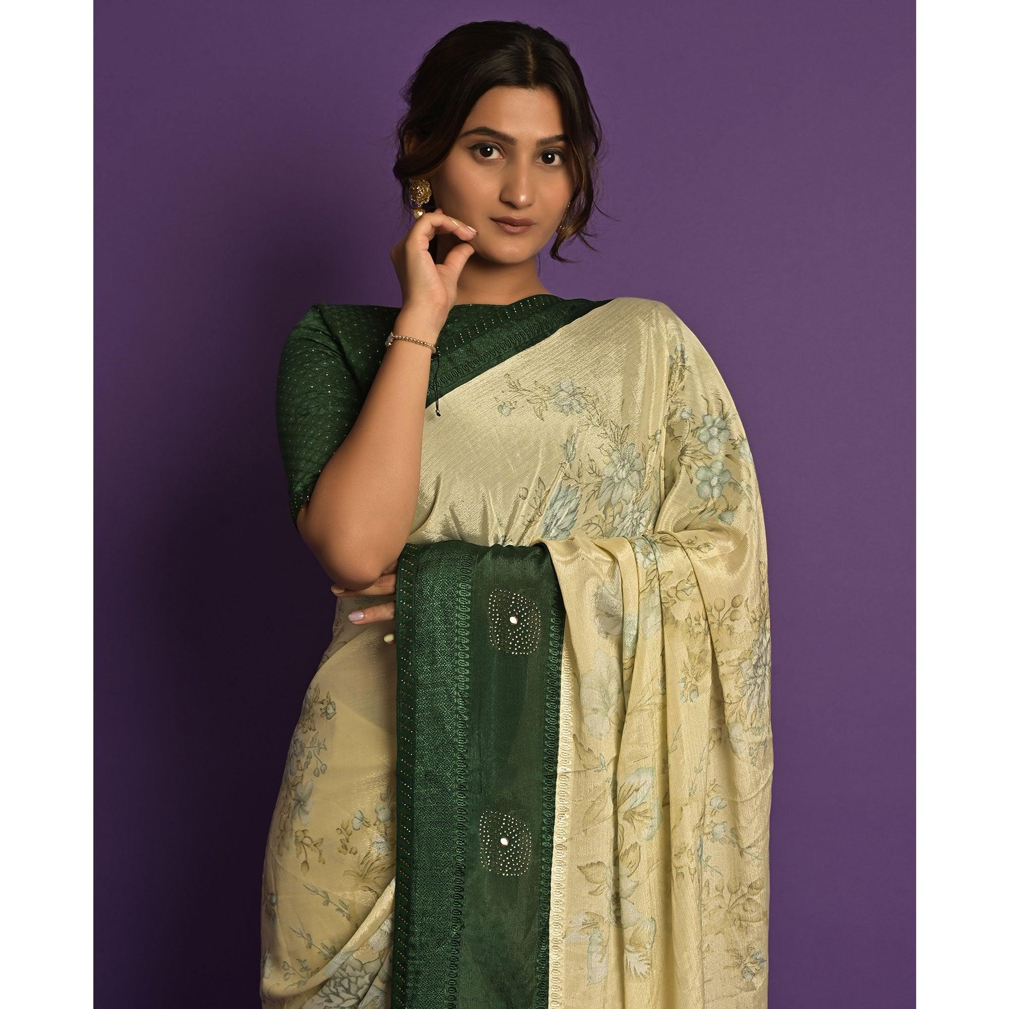 Green Printed-Embellished Chiffon Saree - Peachmode