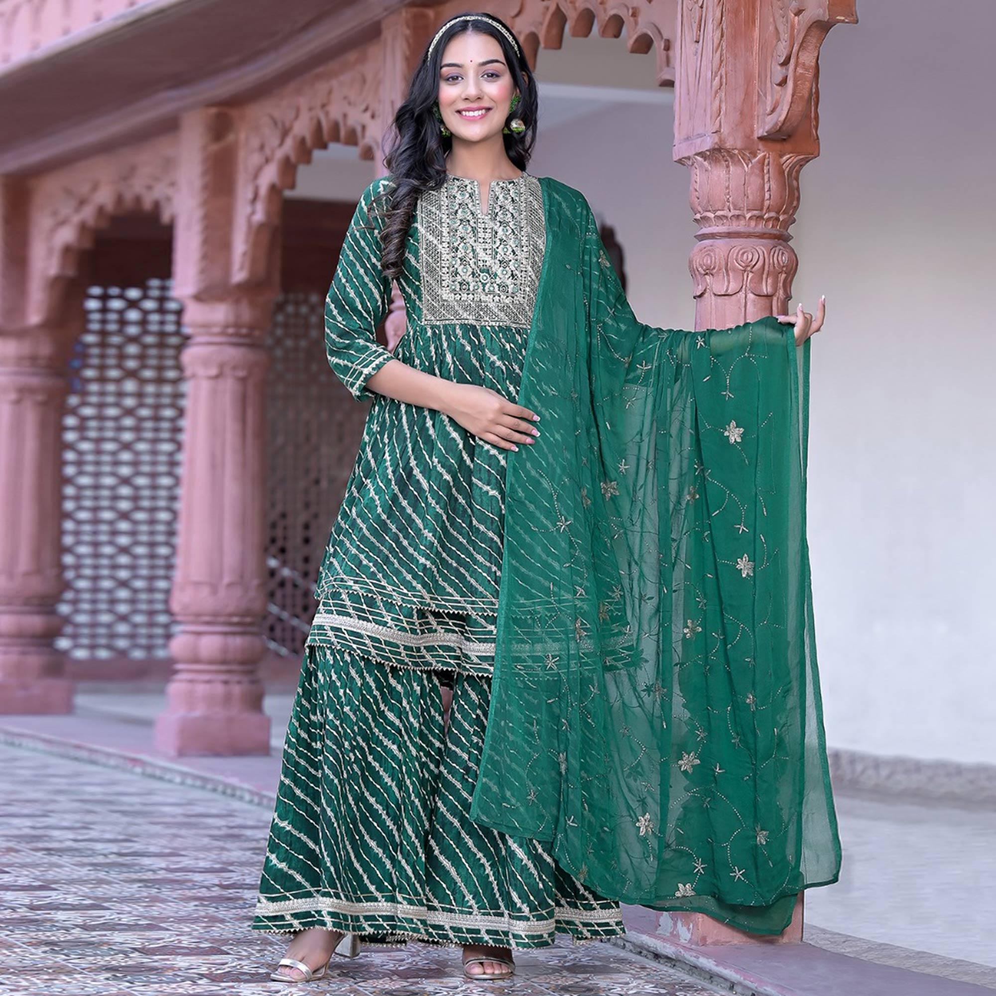 Green Printed & Embroidered Rayon Sharara Suit