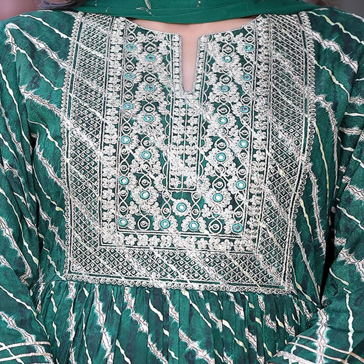 Green Printed-Embroidered Rayon Sharara Suit - Peachmode