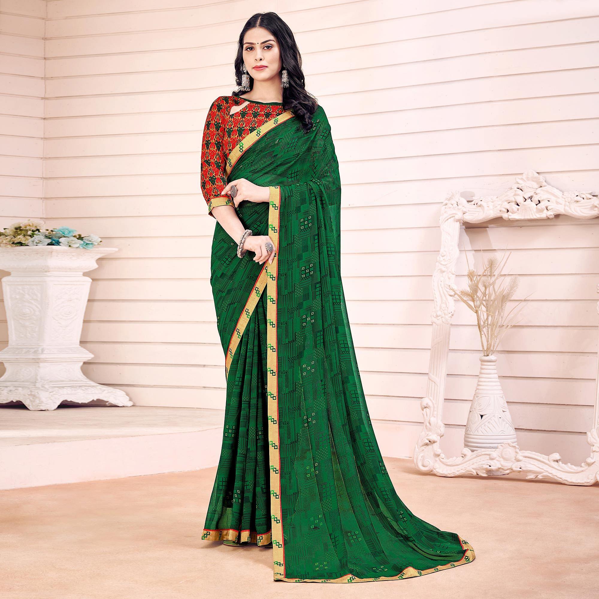 Green Printed Georgette Saree - Peachmode