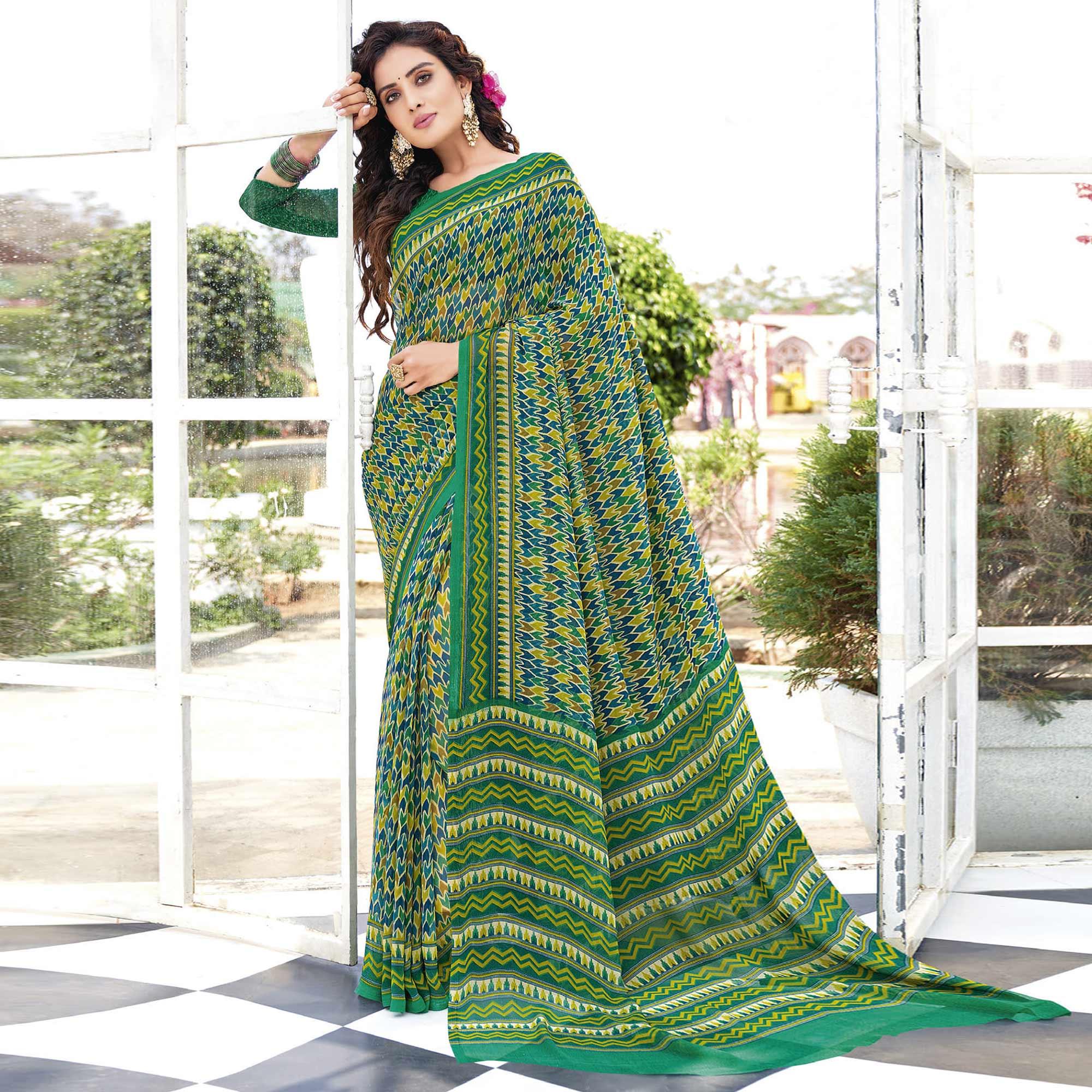 Green Printed Georgette Saree - Peachmode