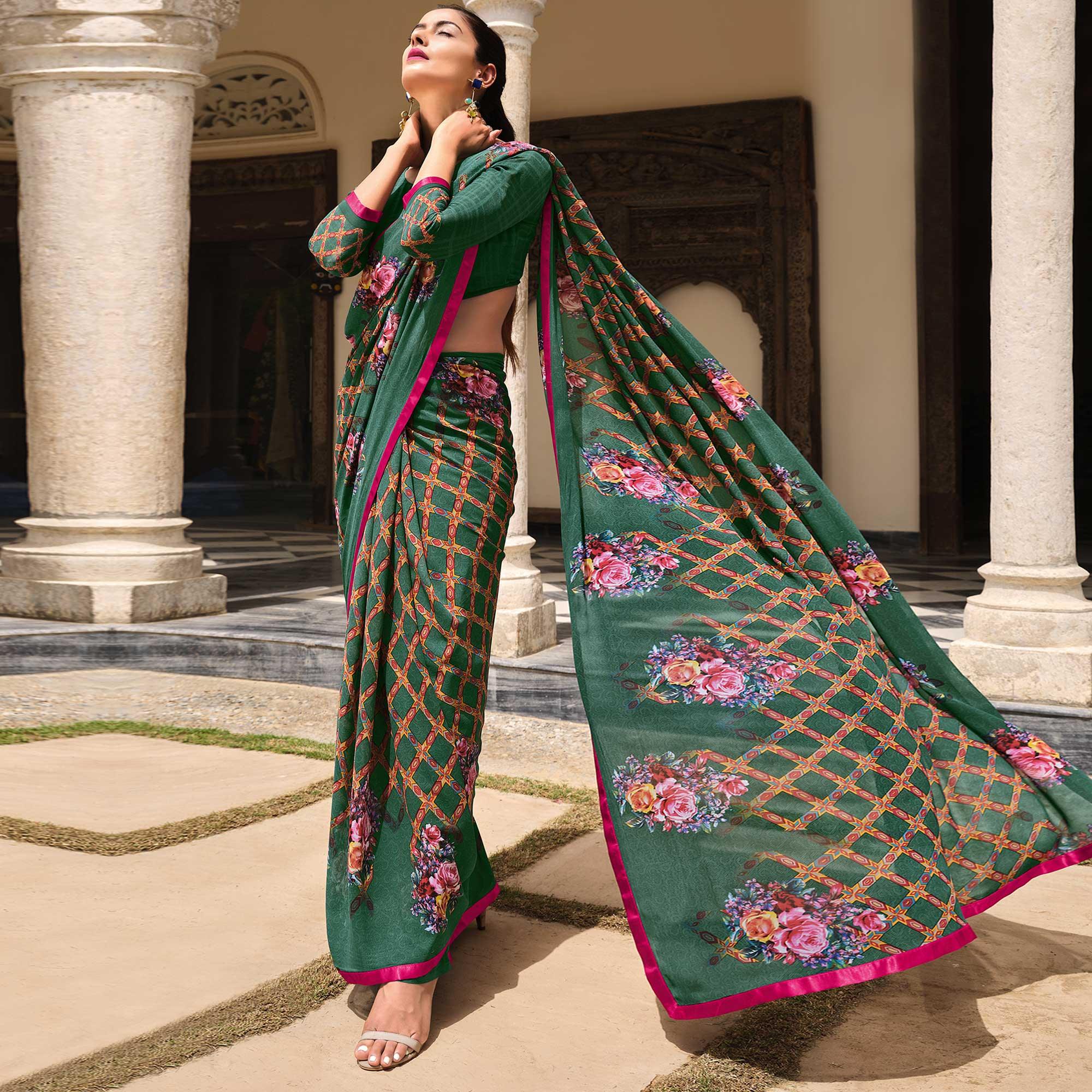 Green Printed Georgette Saree - Peachmode