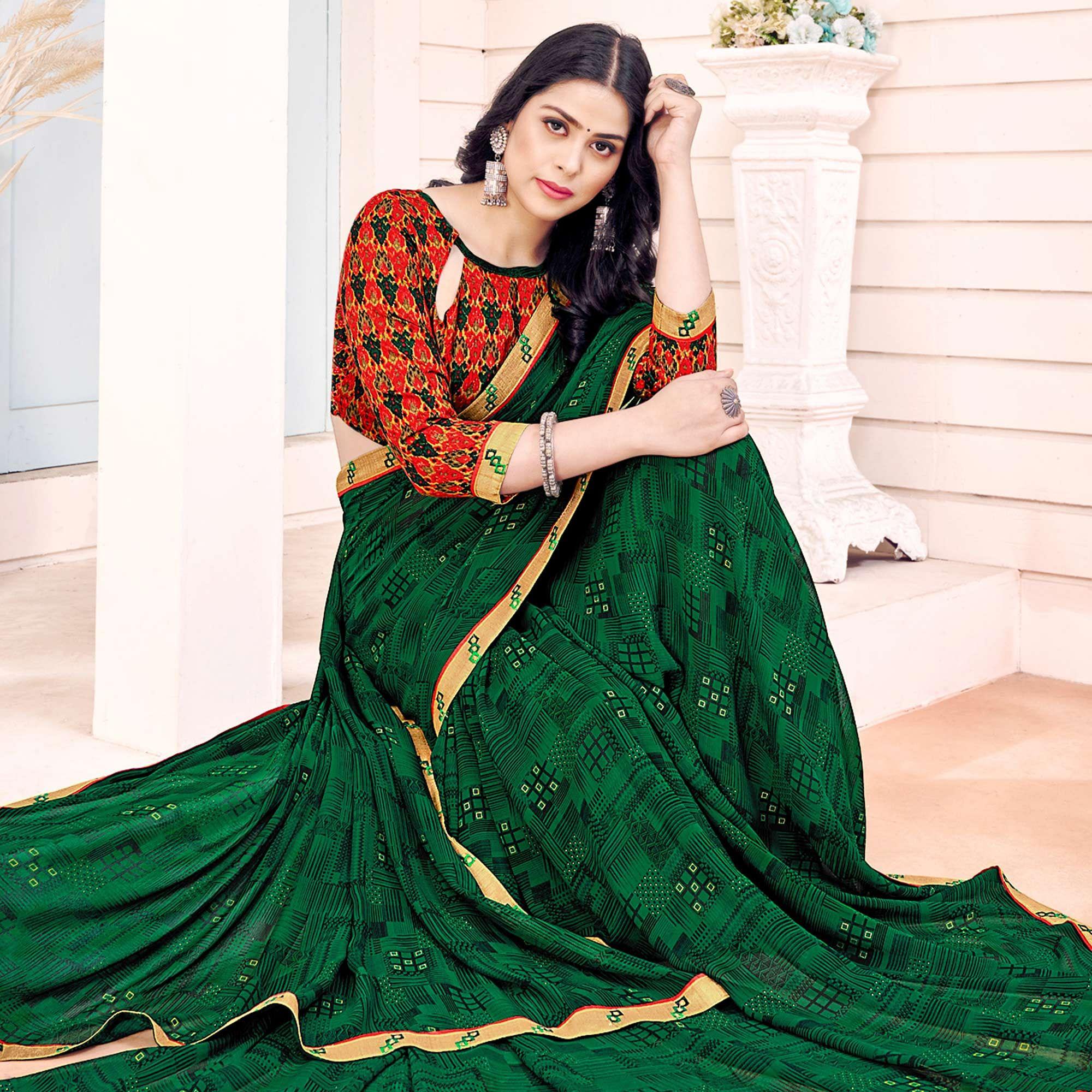 Green Printed Georgette Saree - Peachmode