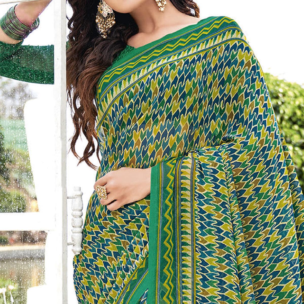 Green Printed Georgette Saree - Peachmode