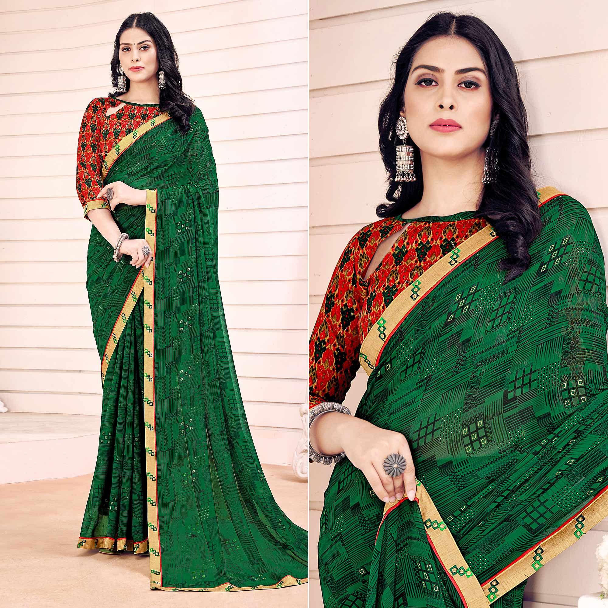 Green Printed Georgette Saree - Peachmode