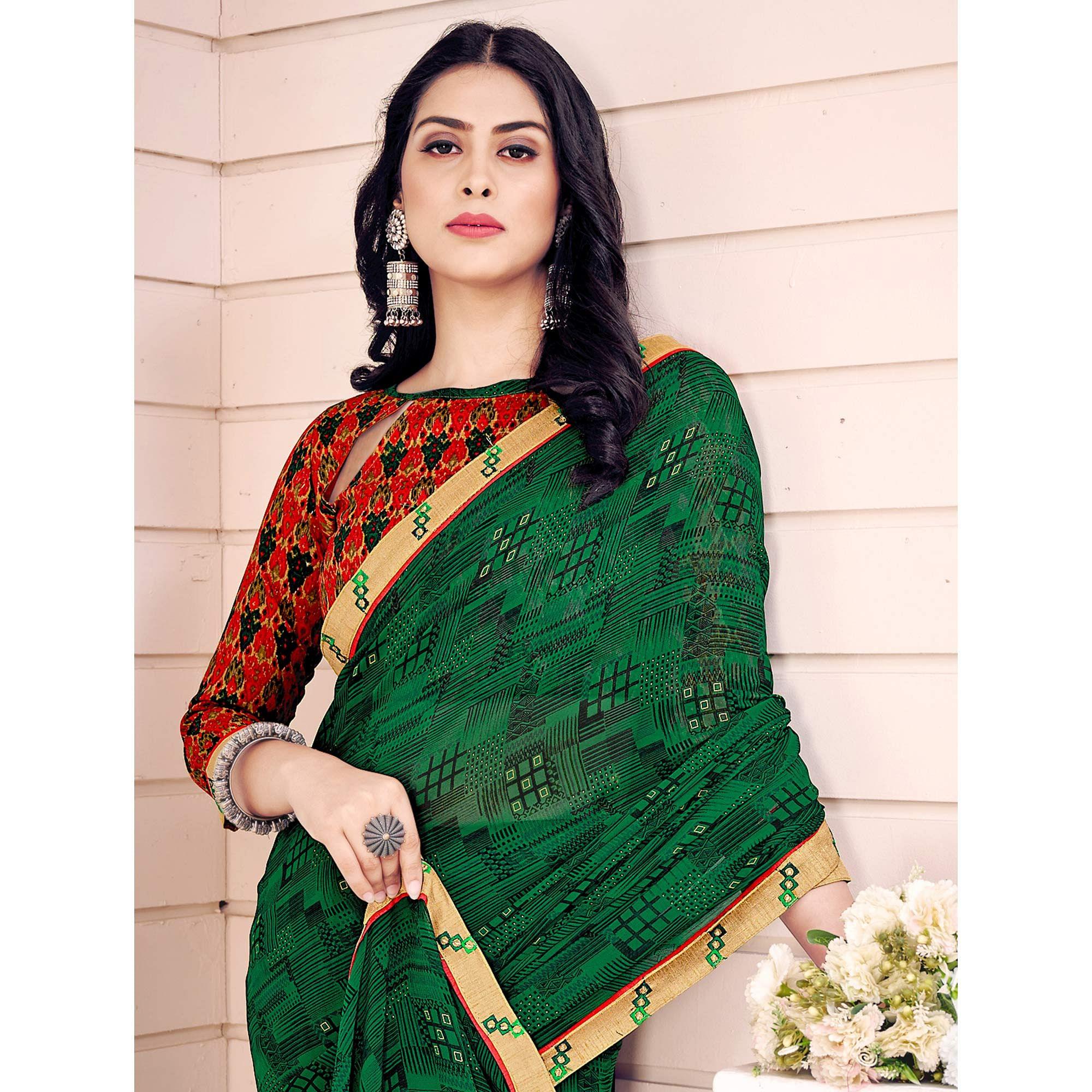Green Printed Georgette Saree - Peachmode