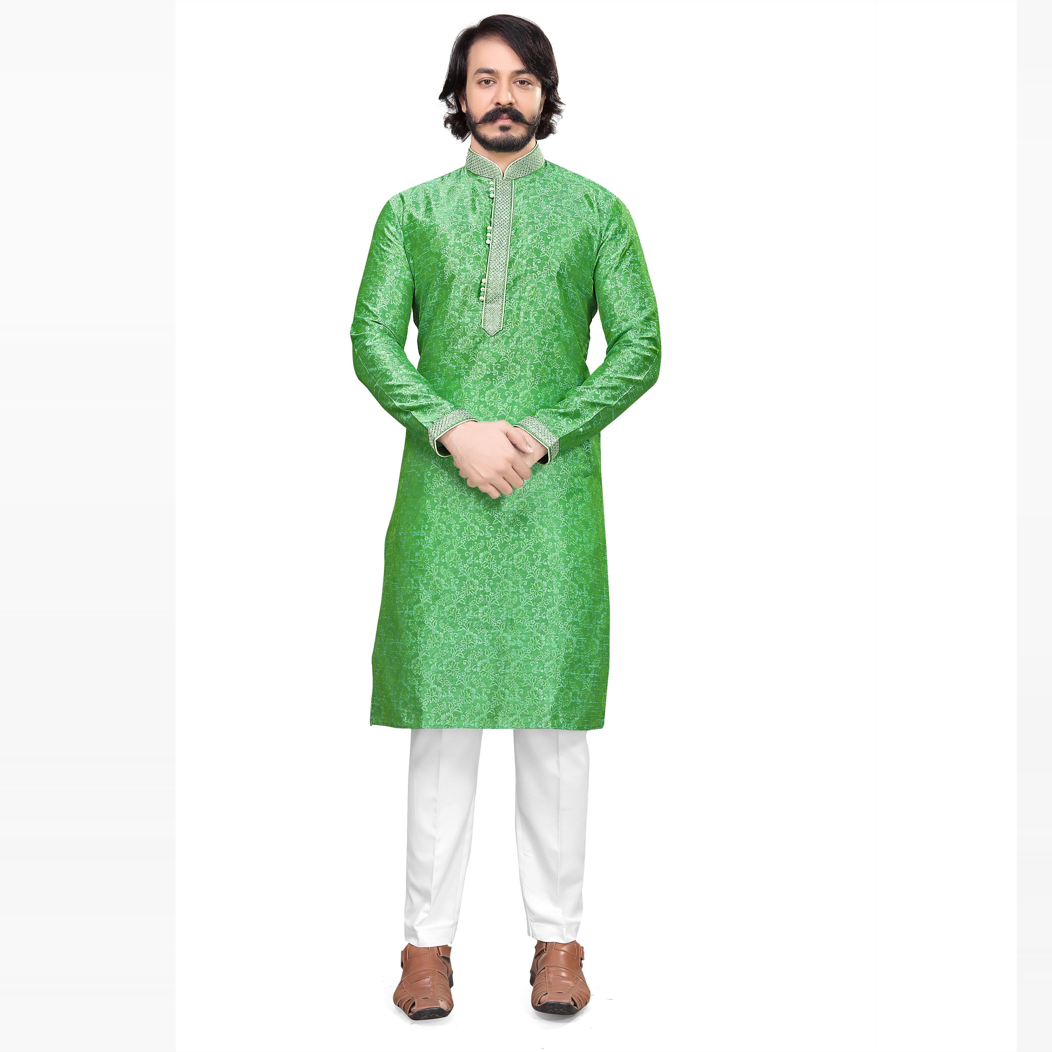 Green Printed Jacquard Men's Kurta Pyjama Set - Peachmode
