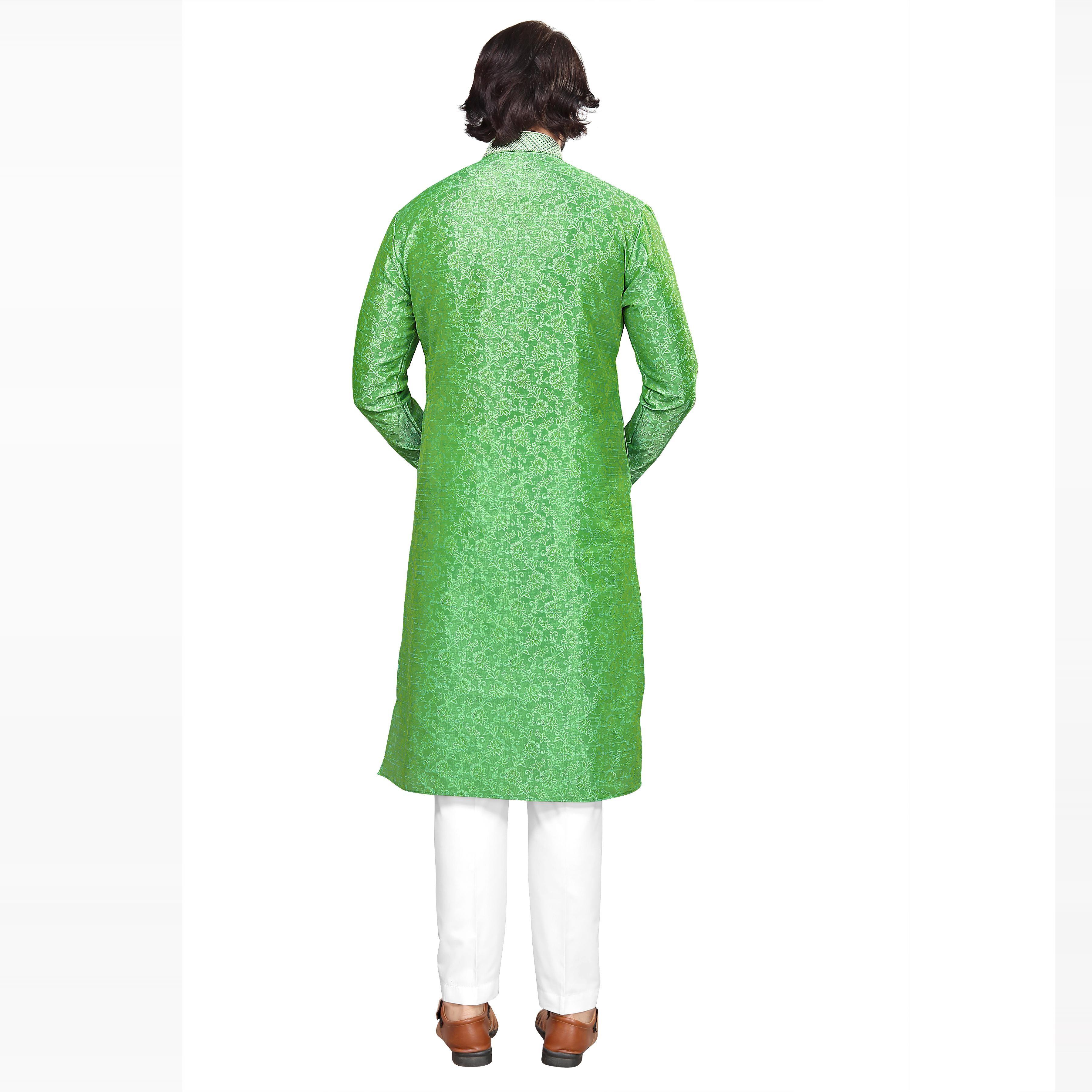 Green Printed Jacquard Men's Kurta Pyjama Set - Peachmode