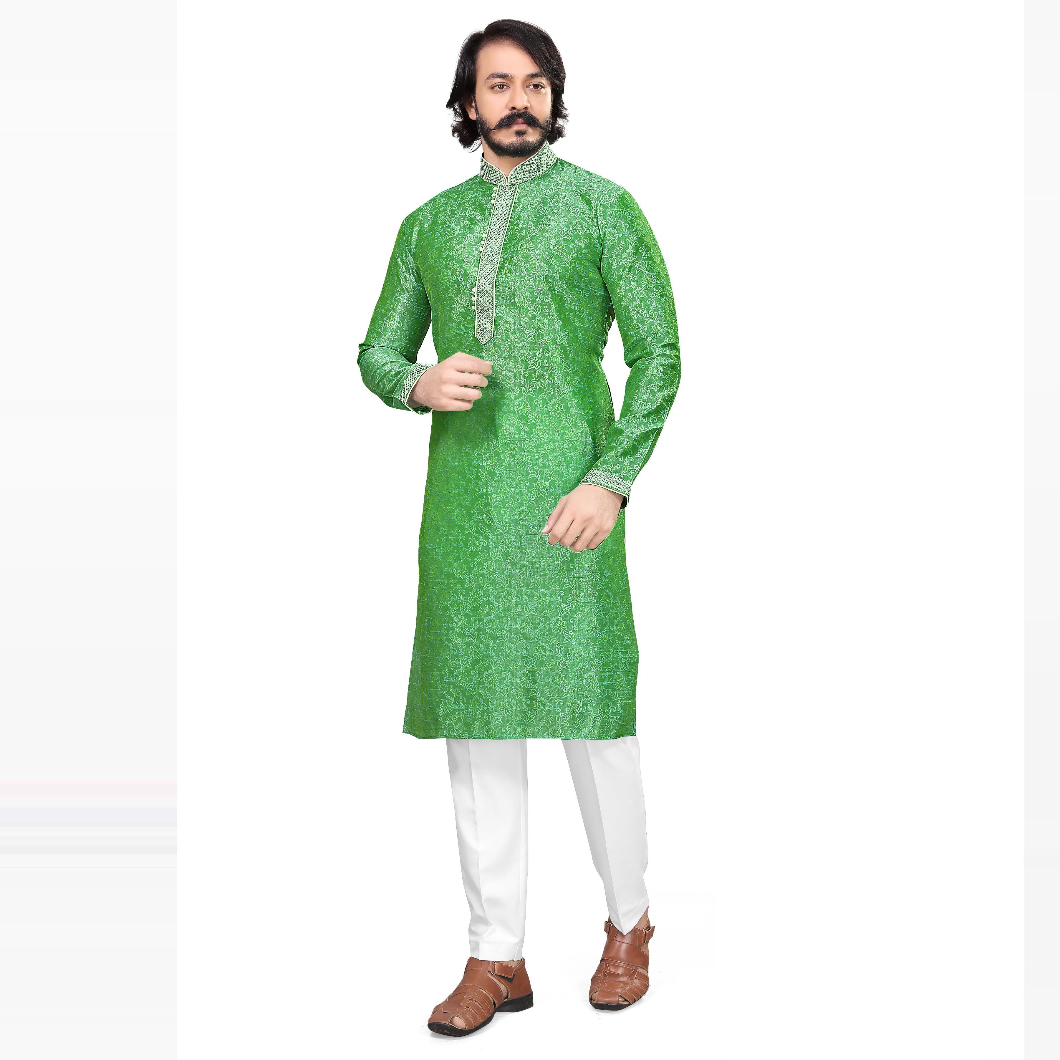 Green Printed Jacquard Men's Kurta Pyjama Set - Peachmode