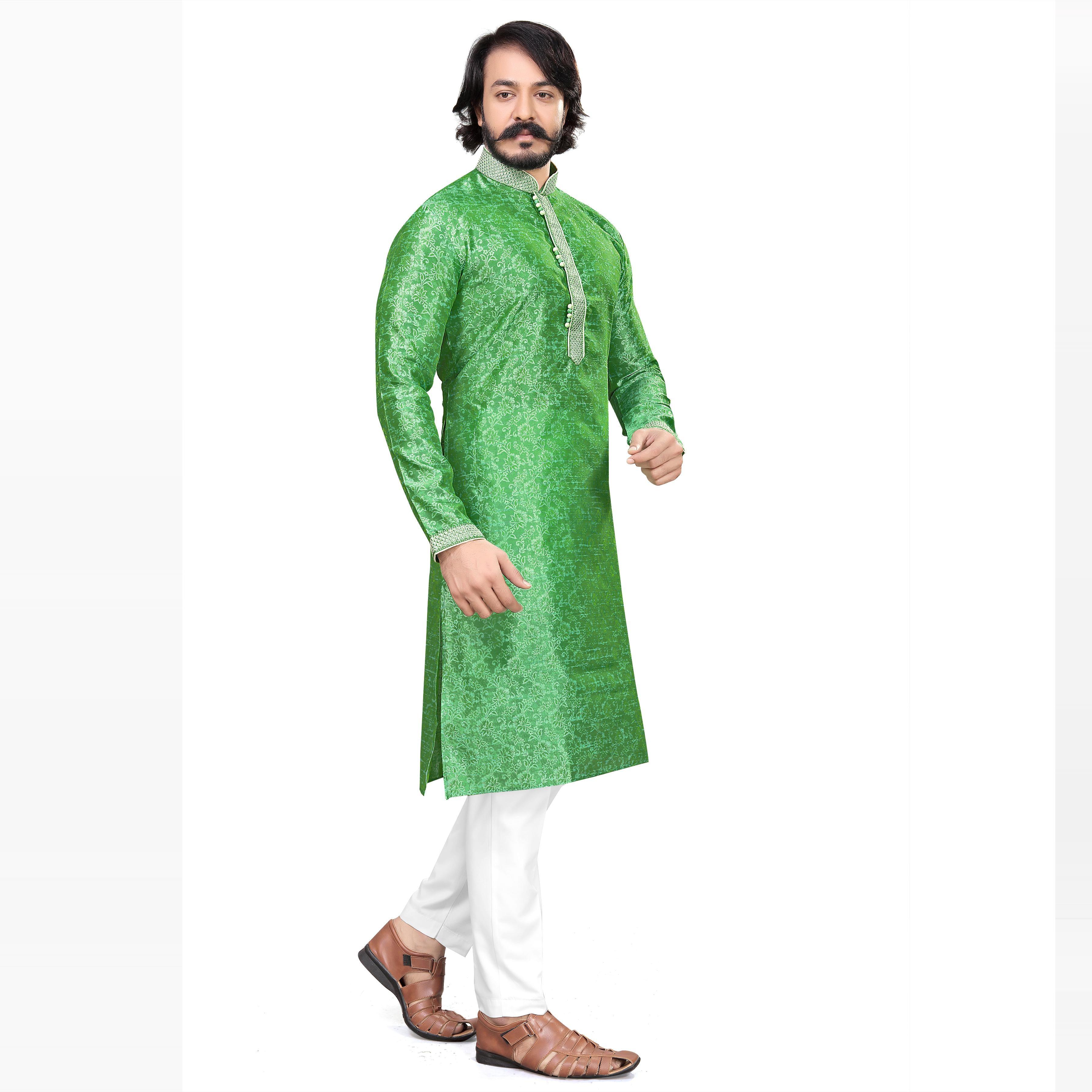 Green Printed Jacquard Men's Kurta Pyjama Set - Peachmode