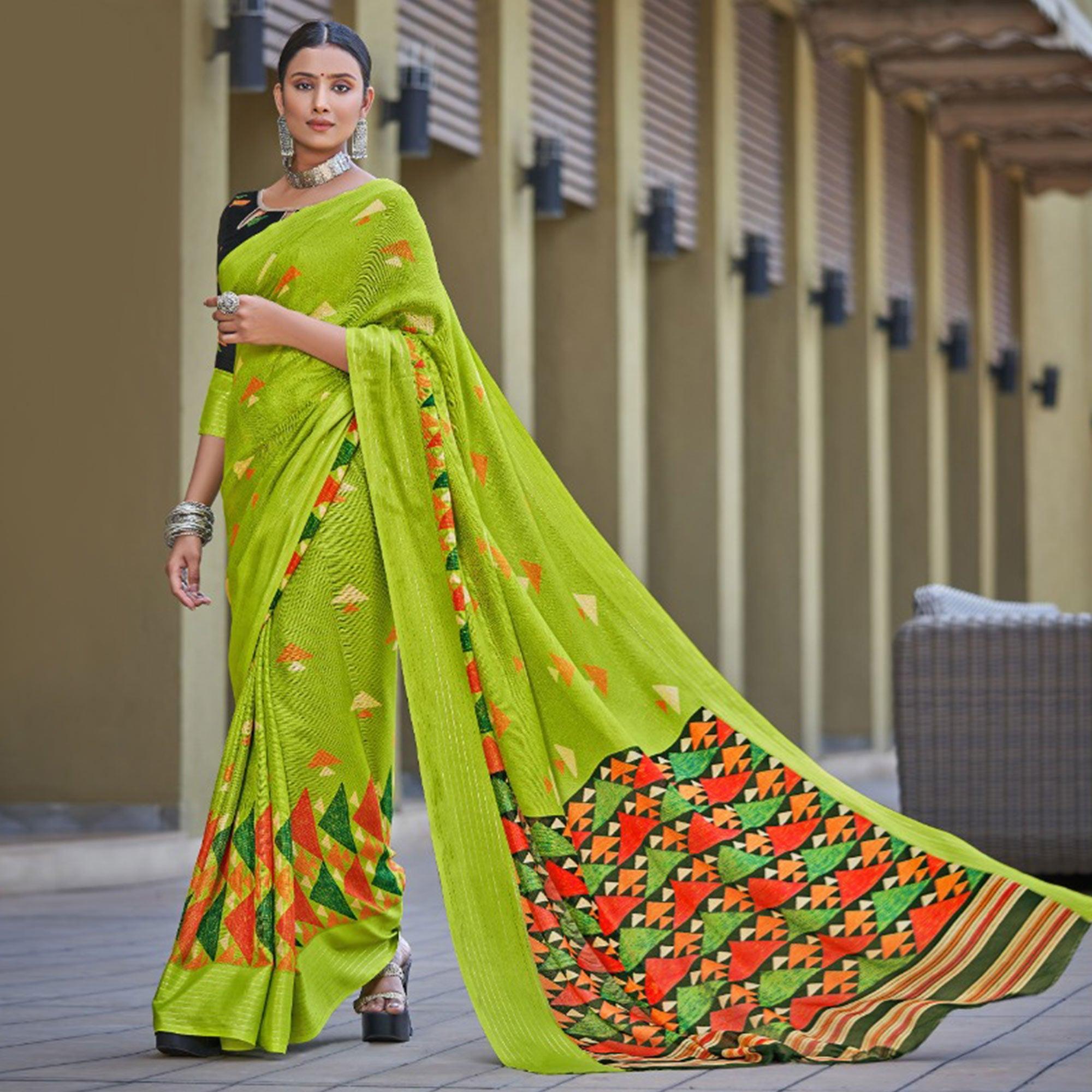 Green Printed Jute Saree - Peachmode