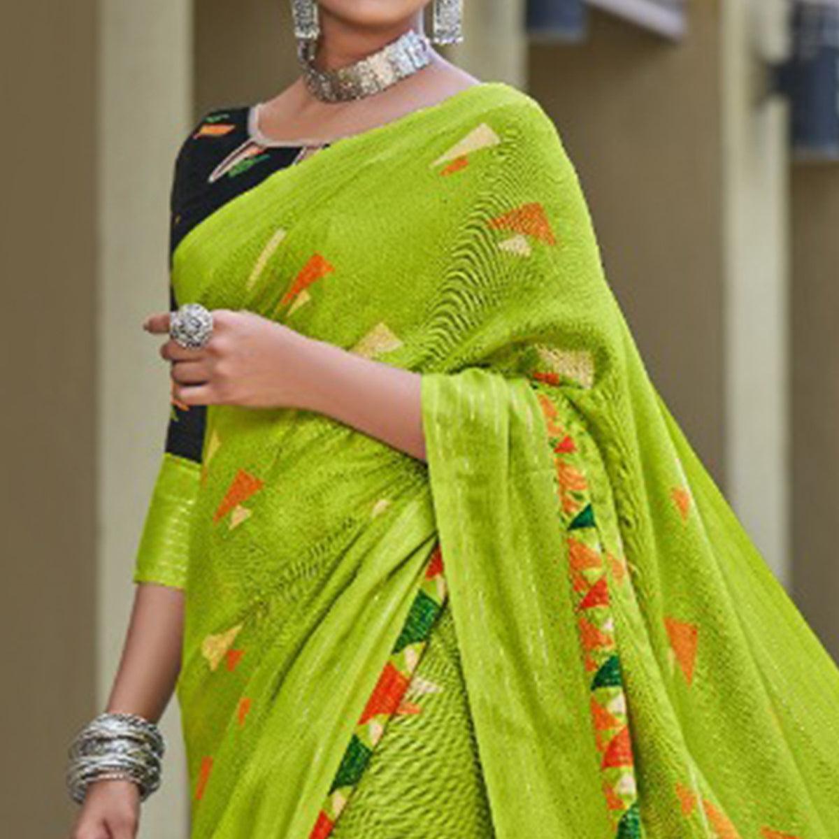 Green Printed Jute Saree - Peachmode