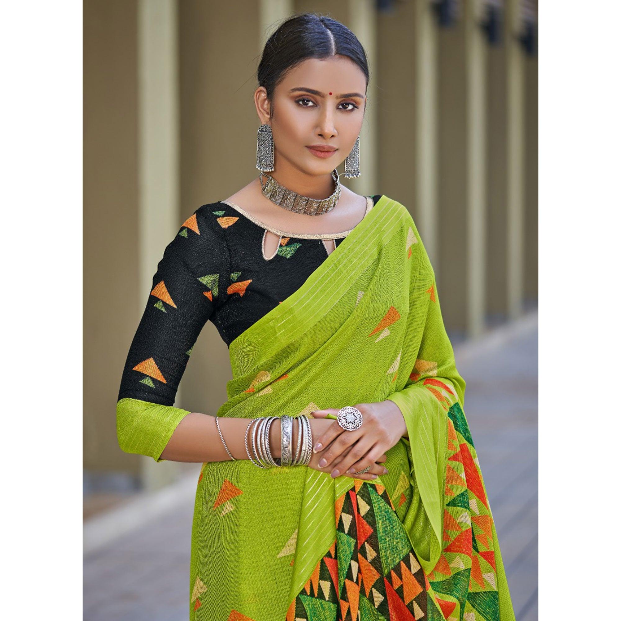 Green Printed Jute Saree - Peachmode