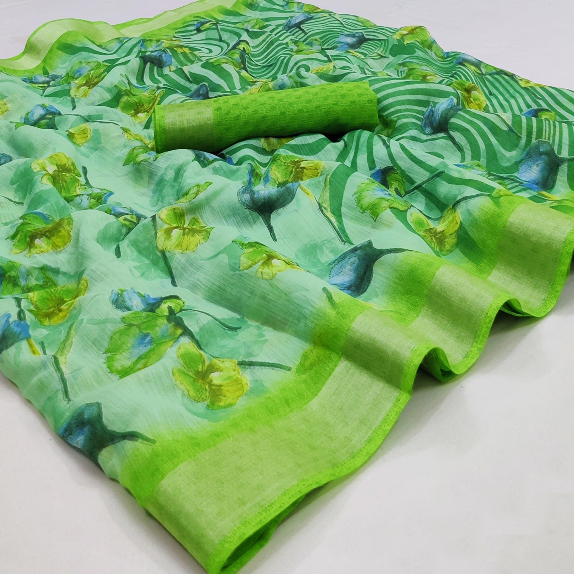 Green Printed Linen Saree - Peachmode