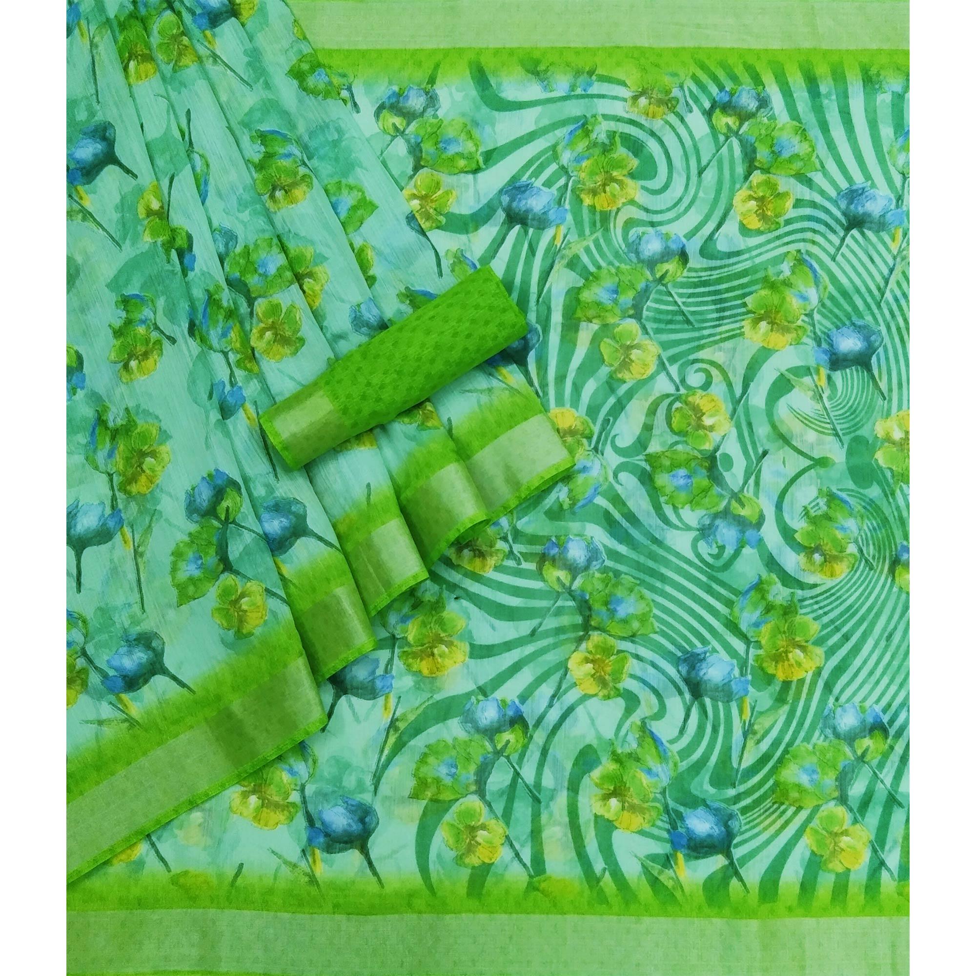 Green Printed Linen Saree - Peachmode