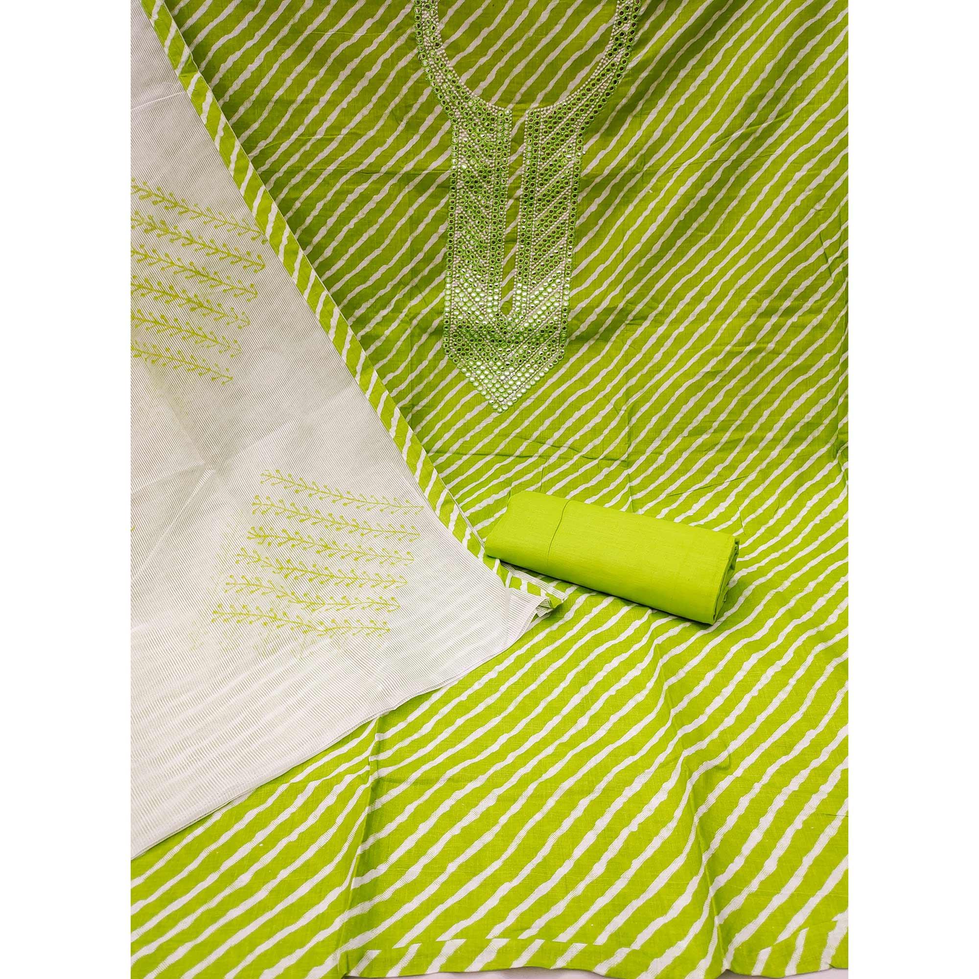 Green Printed-Mirror Work Pure Cotton Dress Material - Peachmode