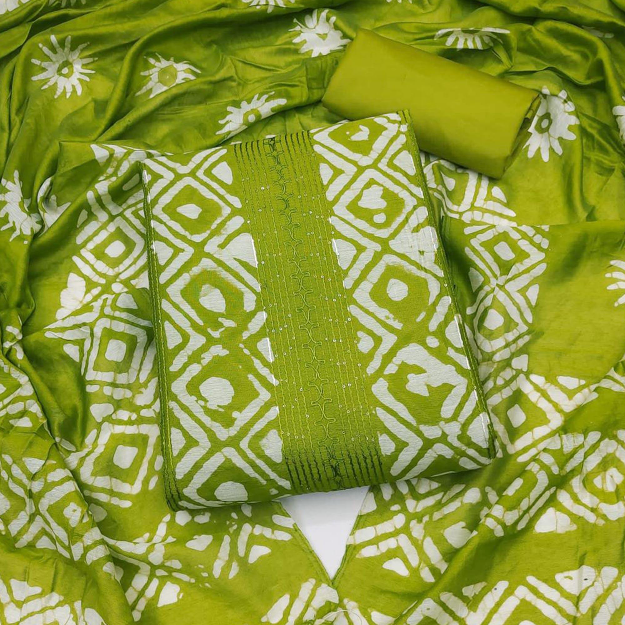 Green Printed Poly Cotton Dress Material - Peachmode