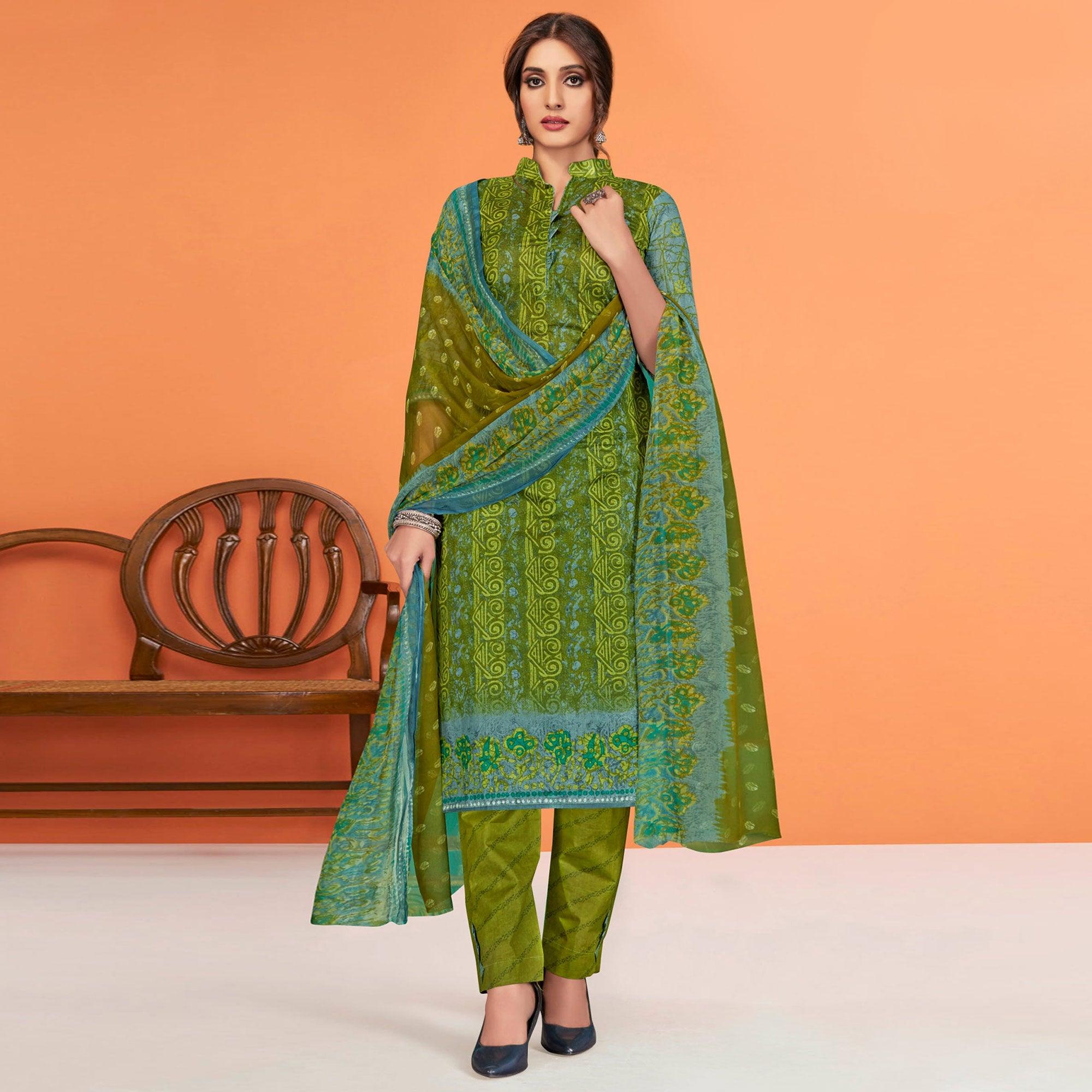 Green Printed Poly Cotton Dress Material - Peachmode