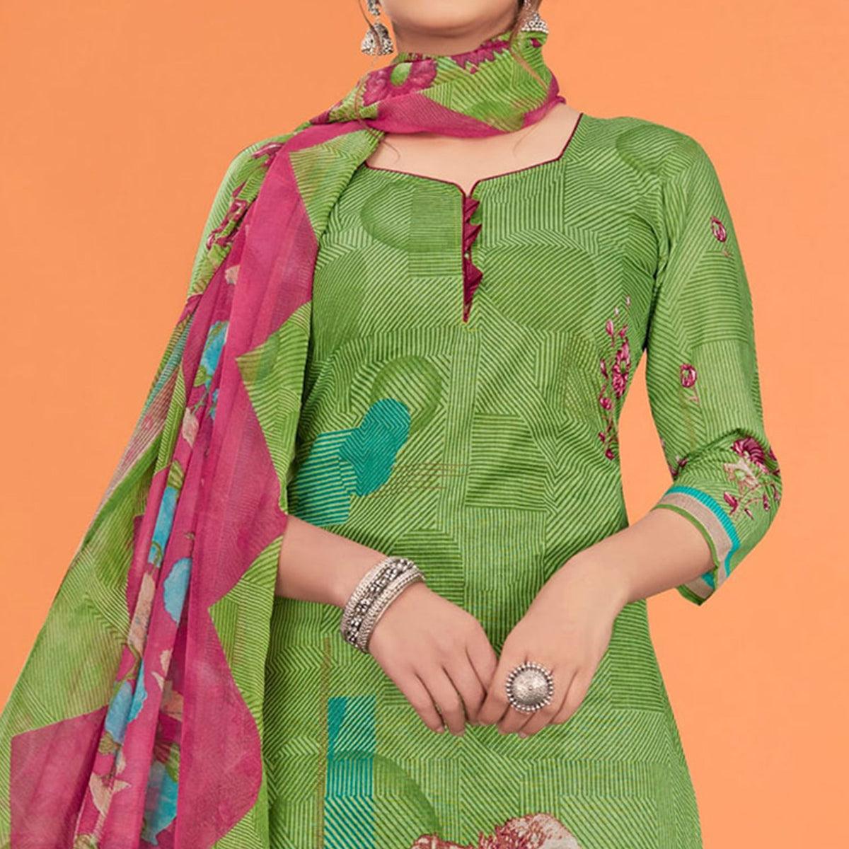 Green Printed Poly Cotton Dress Material - Peachmode