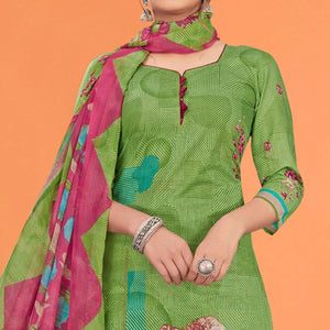 Green Printed Poly Cotton Dress Material - Peachmode