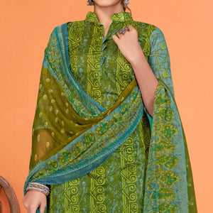 Green Printed Poly Cotton Dress Material - Peachmode