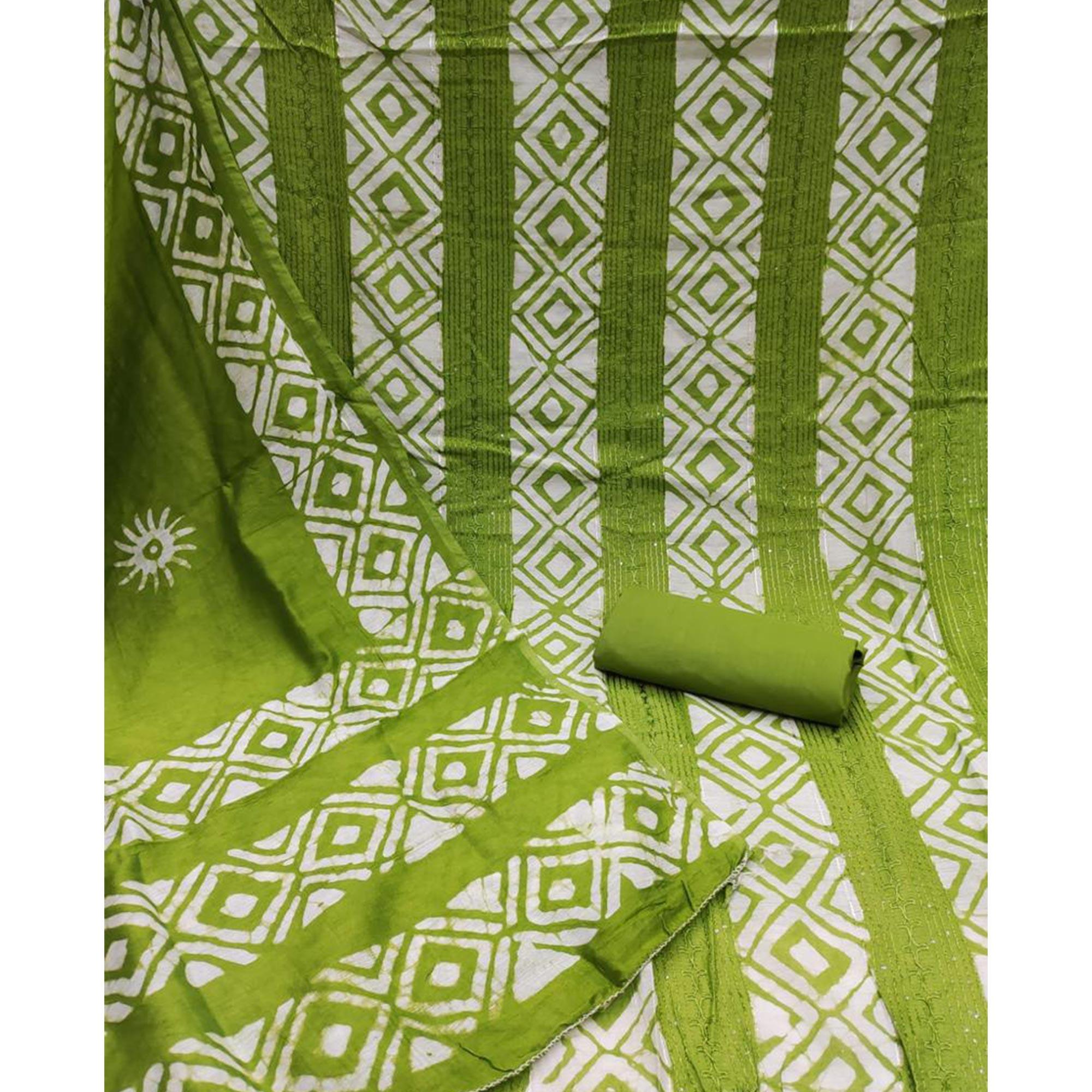 Green Printed Poly Cotton Dress Material - Peachmode