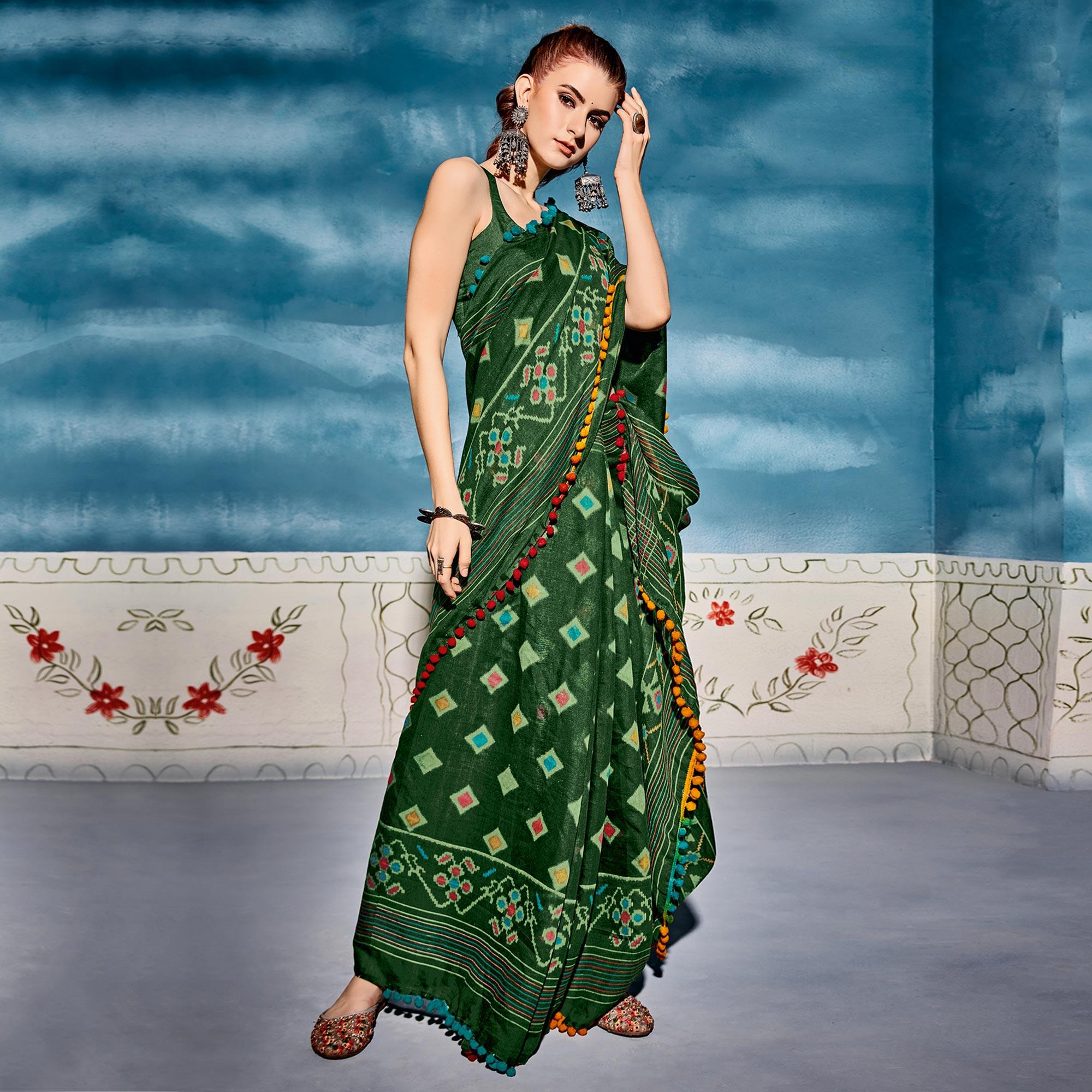 Green Printed Poly Cotton Saree With Pumpum Lace - Peachmode