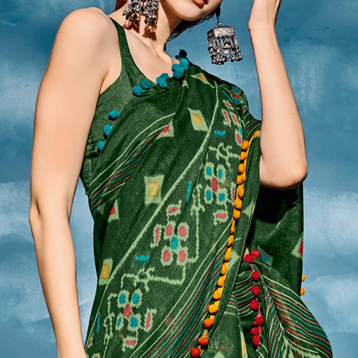 Green Printed Poly Cotton Saree With Pumpum Lace - Peachmode