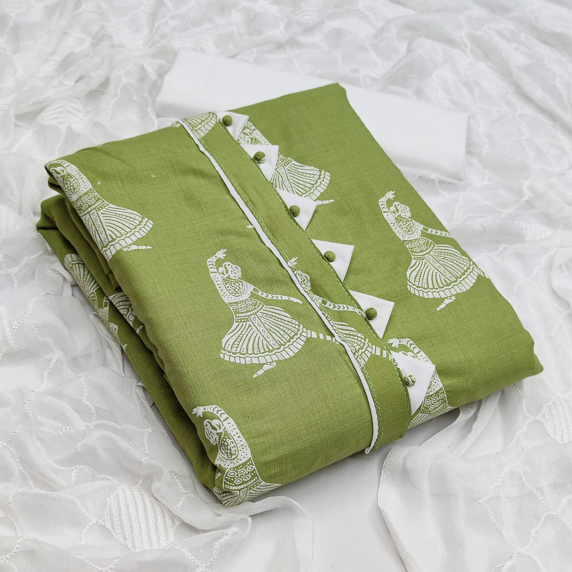 Green Printed Pure Cotton Dress Material - Peachmode