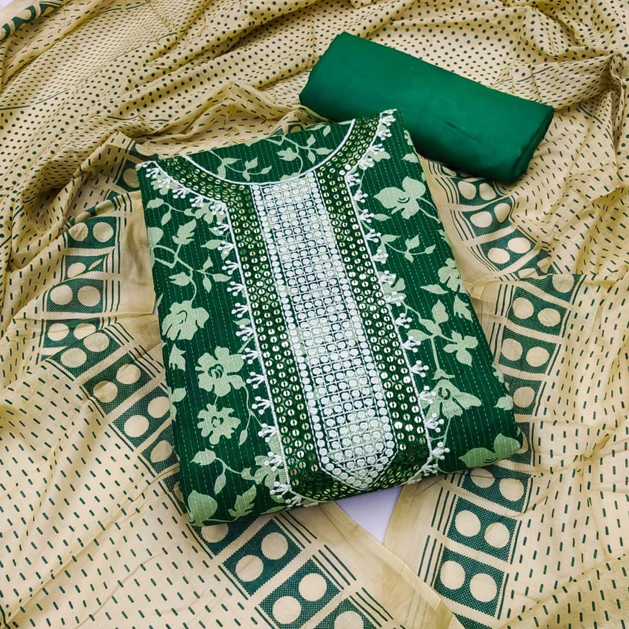 Green Printed Pure Cotton Dress Material - Peachmode