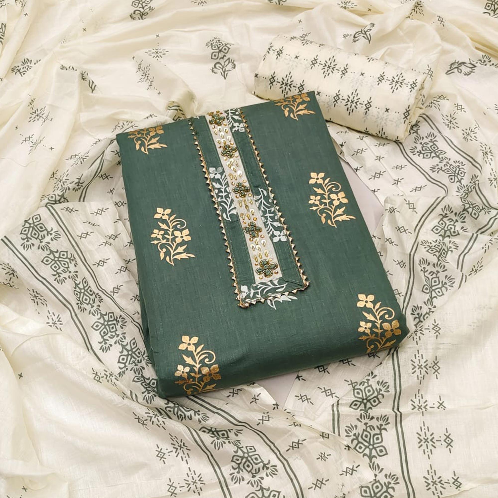 Green Printed Pure Cotton Dress Material - Peachmode