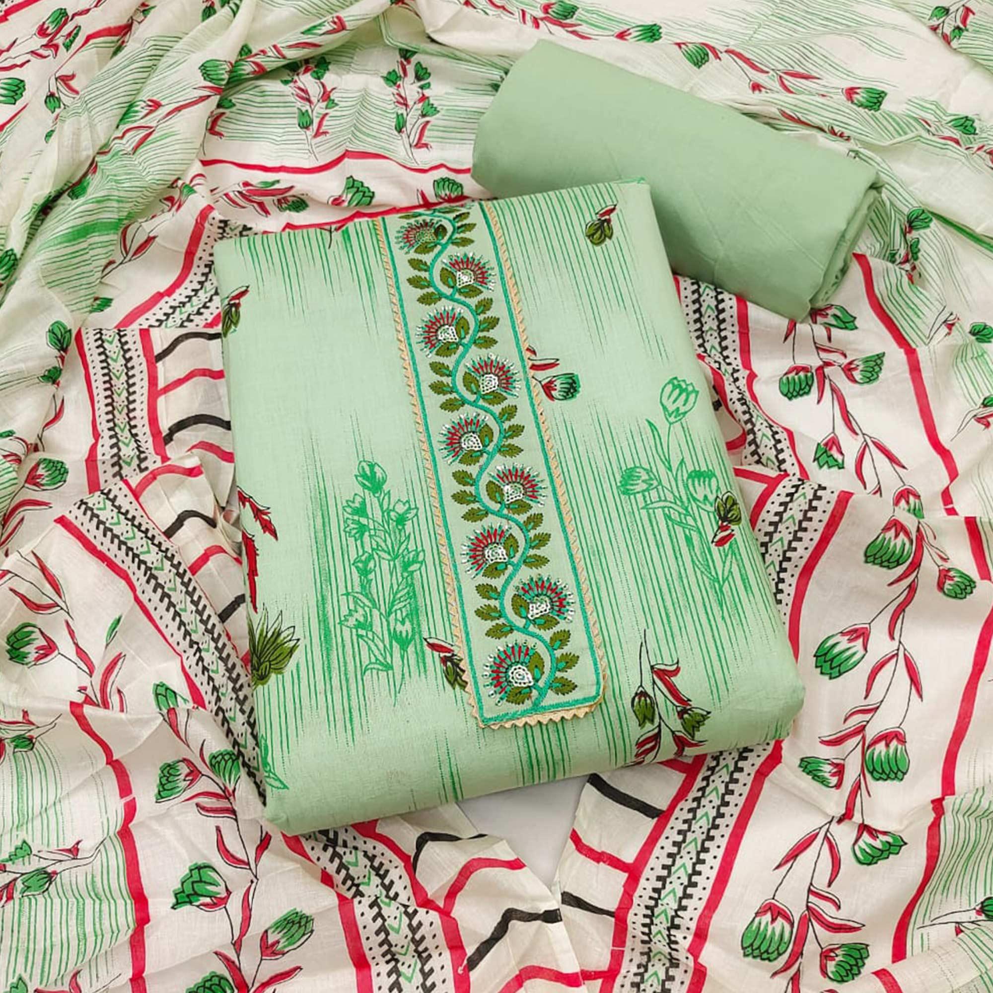 Green Printed Pure Cotton Dress Material - Peachmode