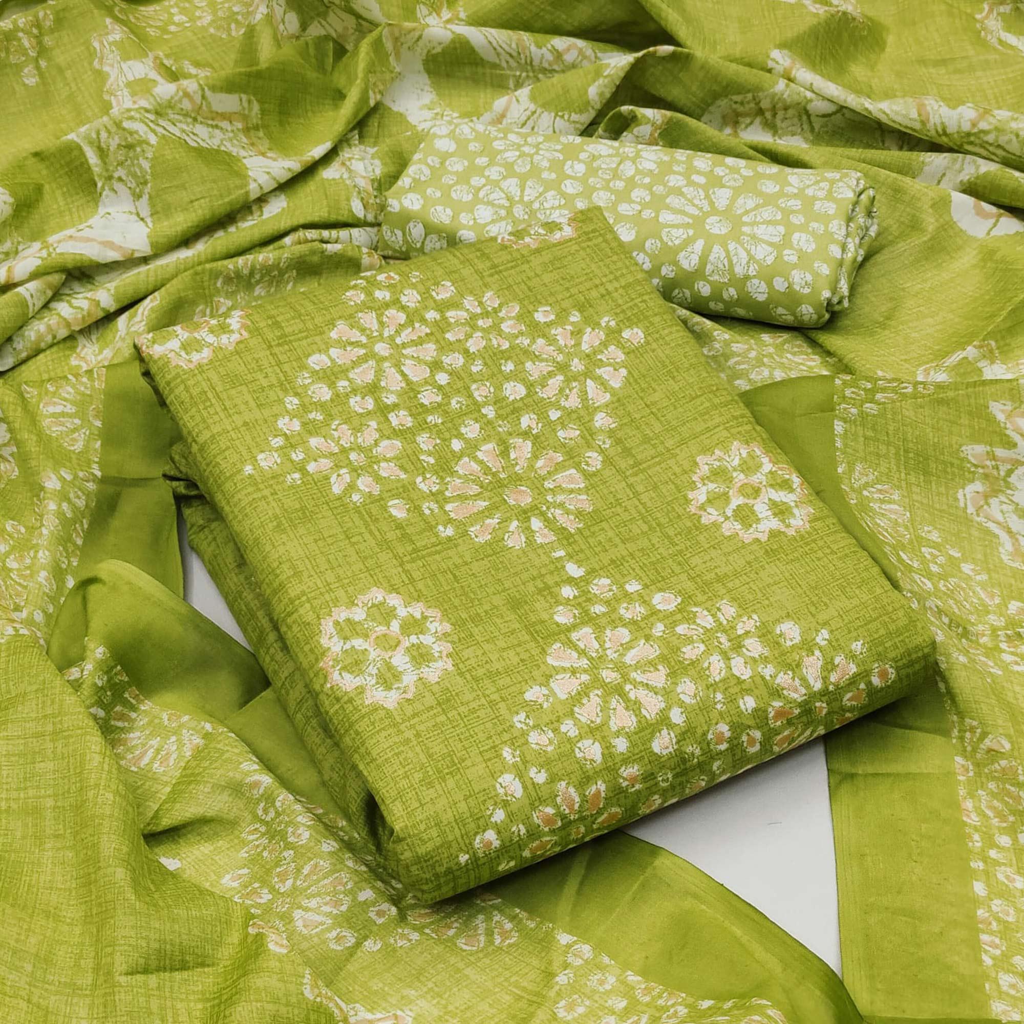 Green Printed Pure Cotton Dress Material - Peachmode