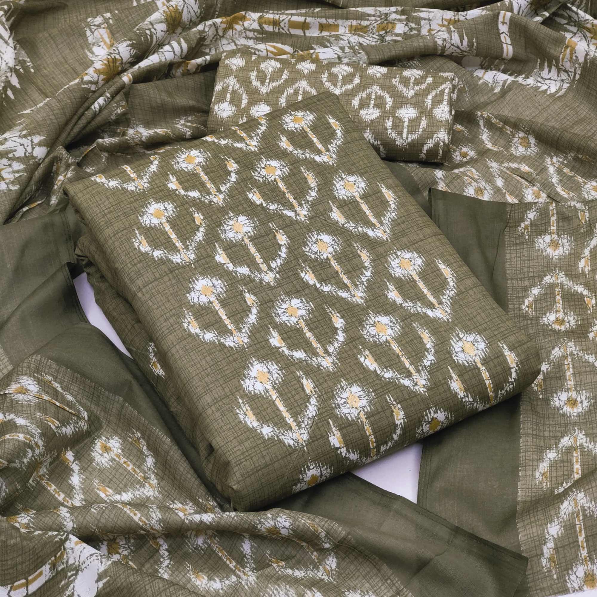 Green Printed Pure Cotton Dress Material - Peachmode