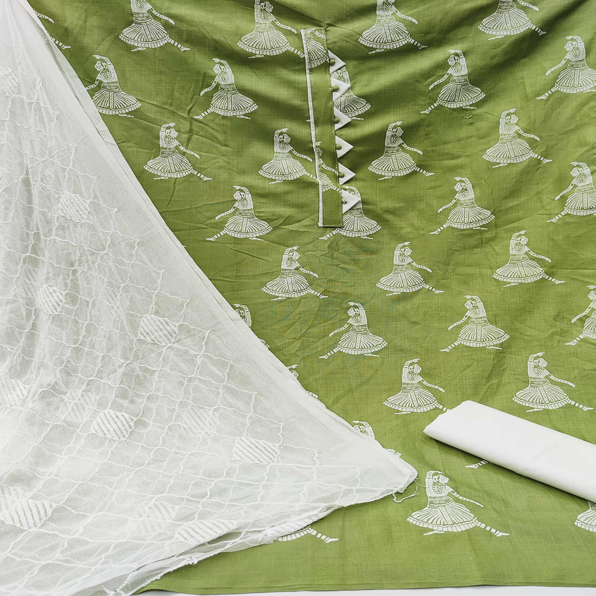 Green Printed Pure Cotton Dress Material - Peachmode