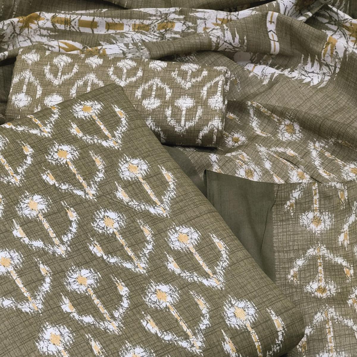 Green Printed Pure Cotton Dress Material - Peachmode