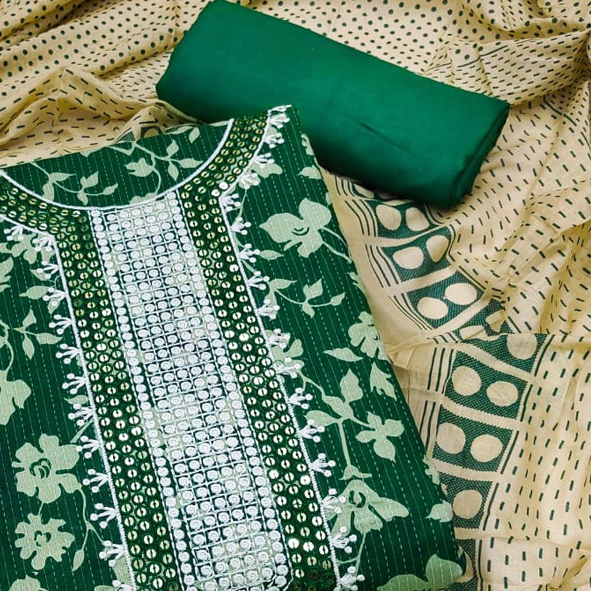 Green Printed Pure Cotton Dress Material - Peachmode