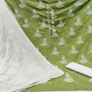 Green Printed Pure Cotton Dress Material - Peachmode