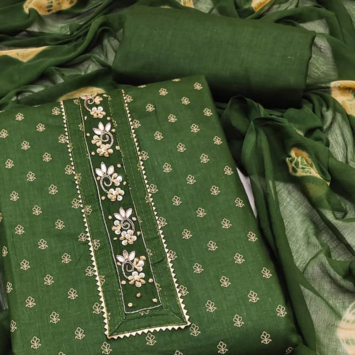 Green Printed Pure Cotton Dress Material - Peachmode