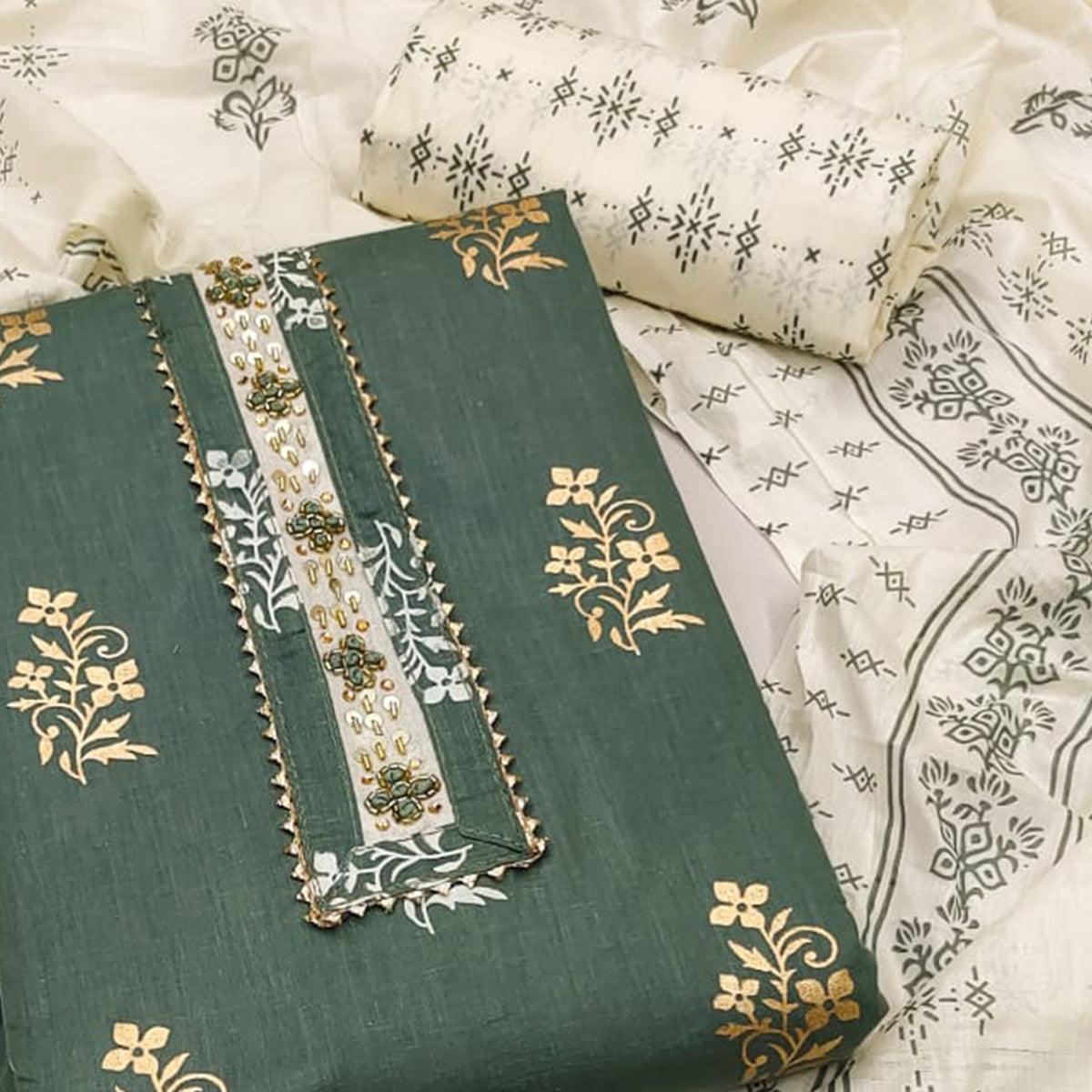 Green Printed Pure Cotton Dress Material - Peachmode