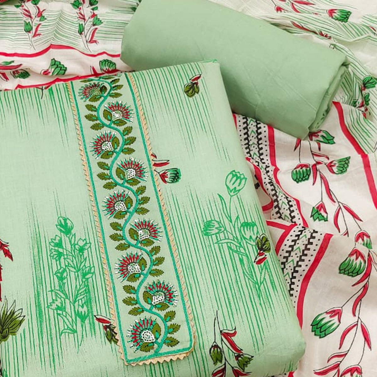 Green Printed Pure Cotton Dress Material - Peachmode