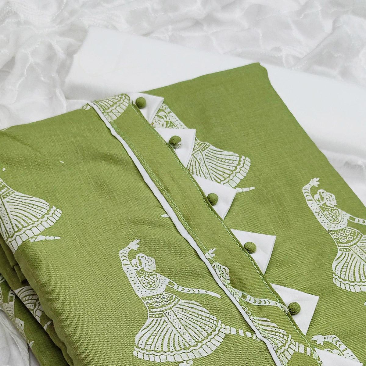 Green Printed Pure Cotton Dress Material - Peachmode