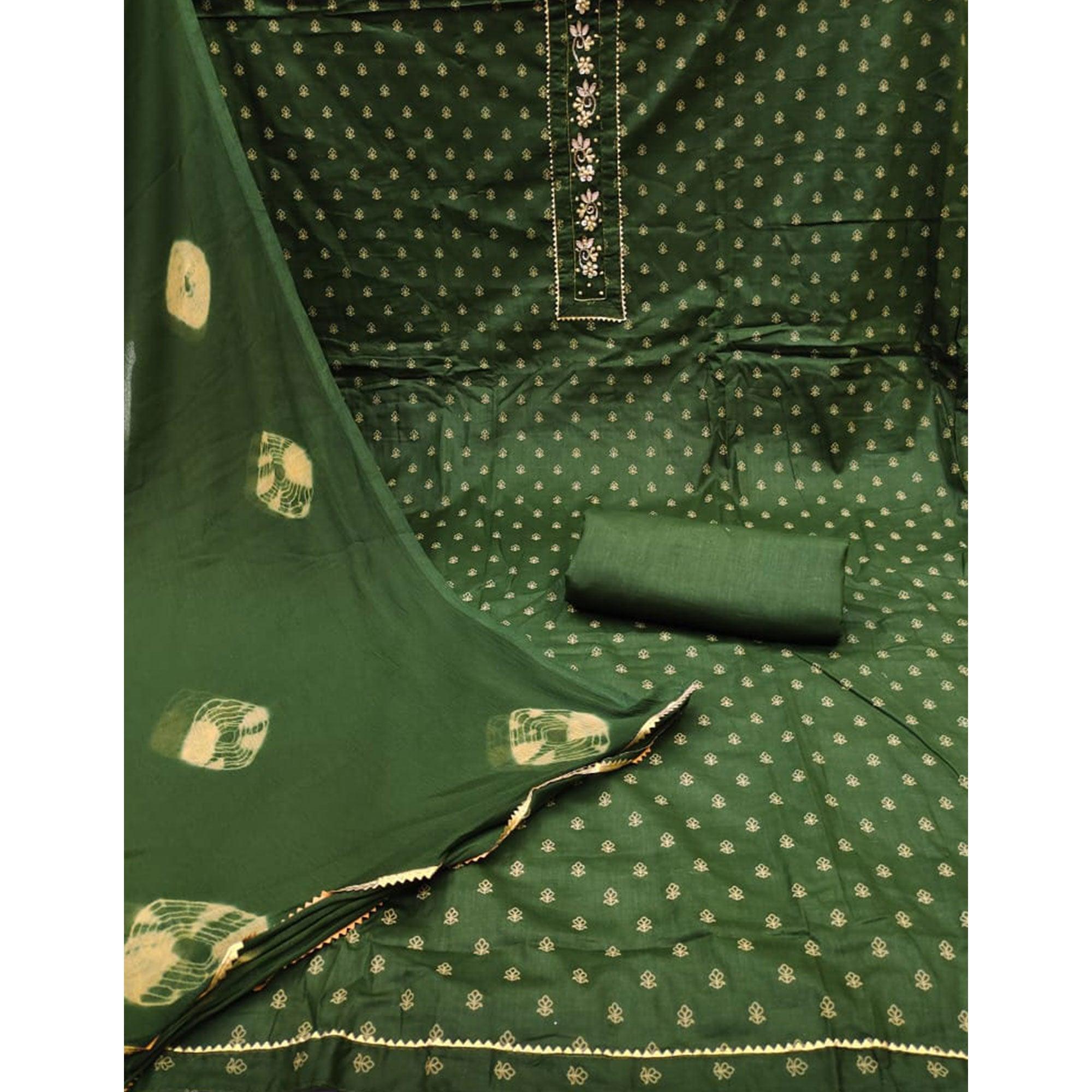 Green Printed Pure Cotton Dress Material - Peachmode