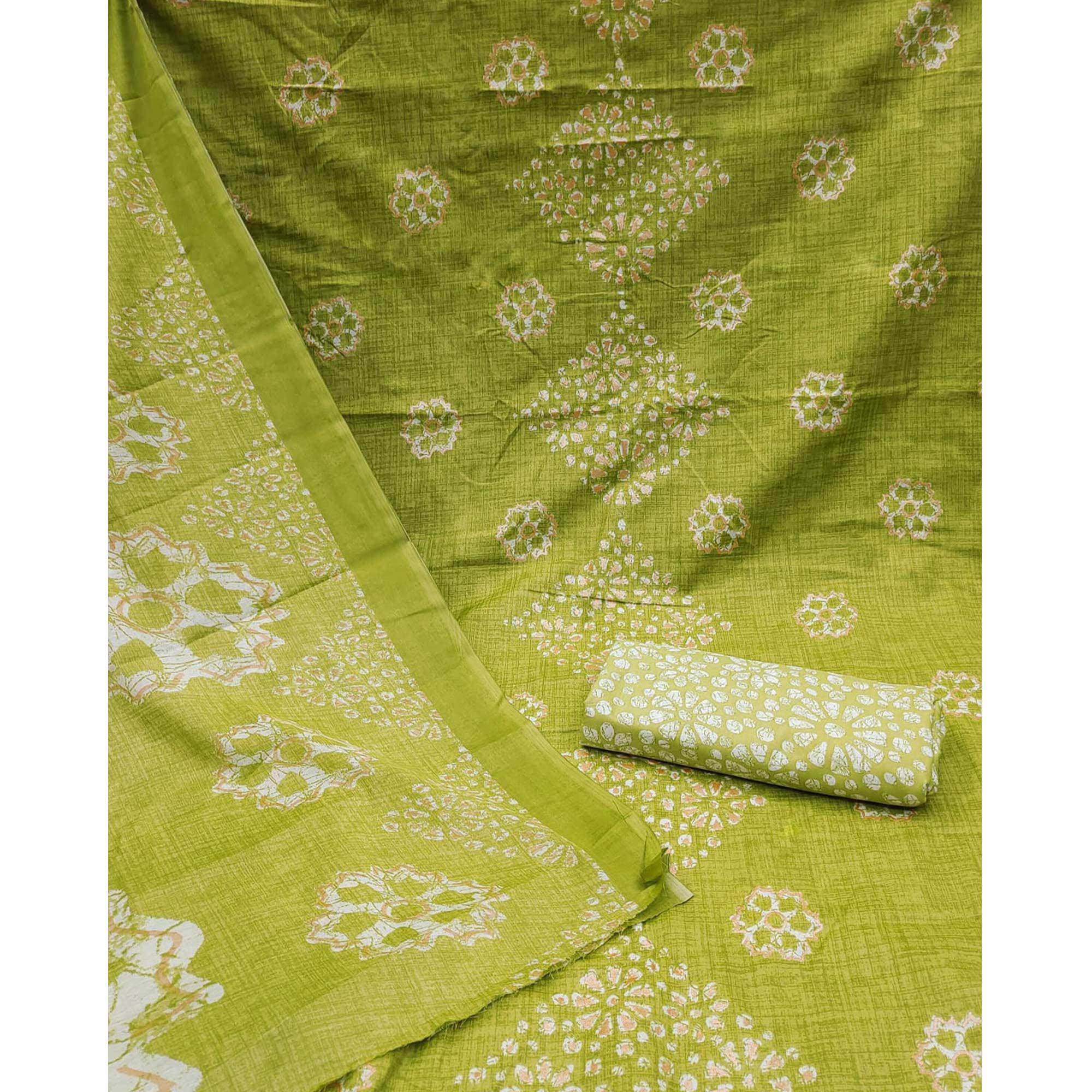Green Printed Pure Cotton Dress Material - Peachmode