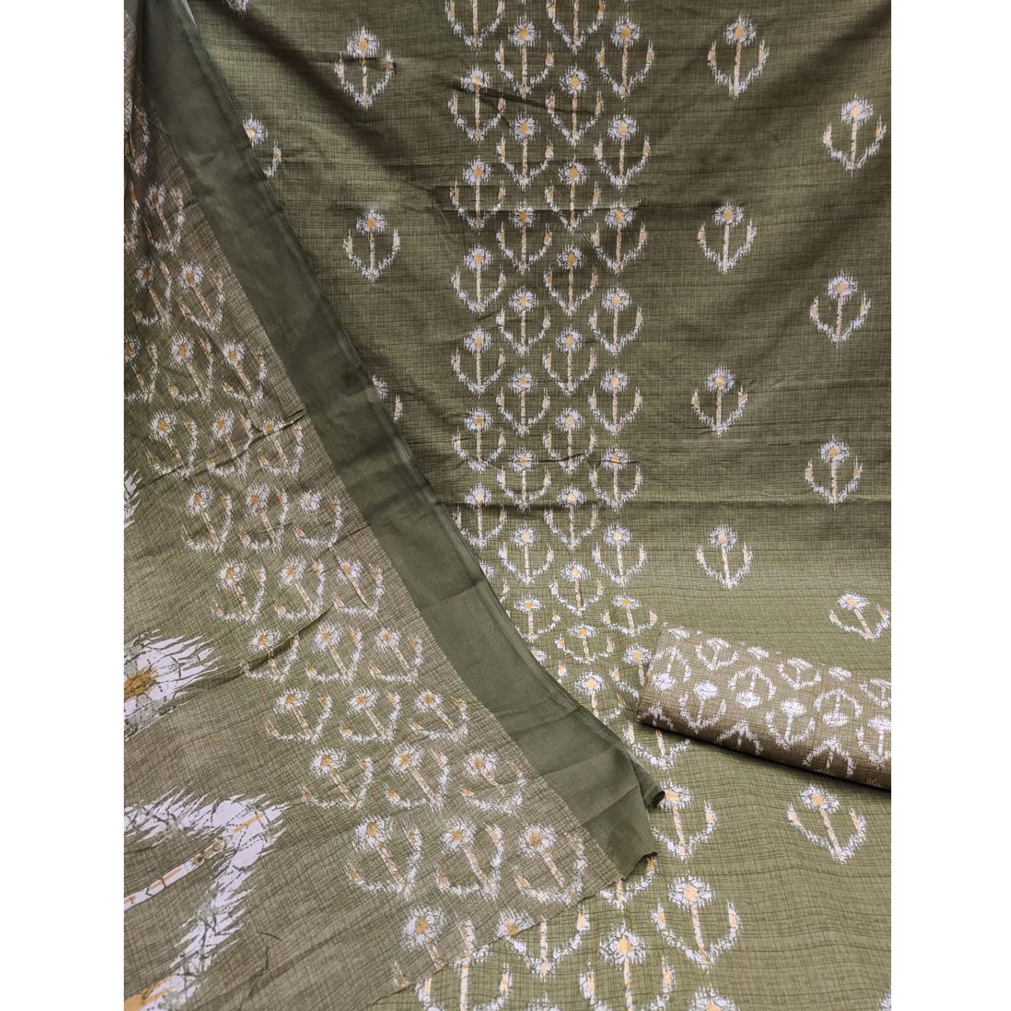 Green Printed Pure Cotton Dress Material - Peachmode